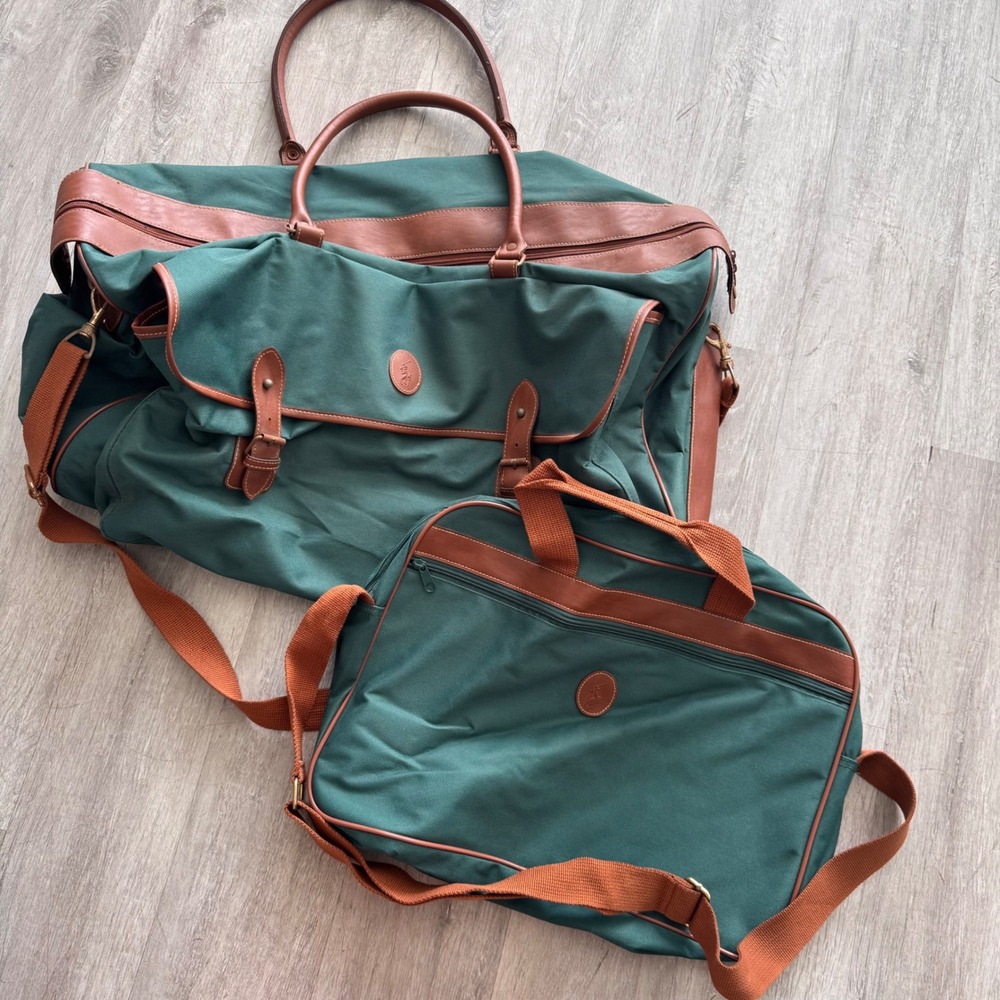 Vintage Polo Ralph Lauren Duffel Bag & Briefcase Set Green Canvas Travel Luggage